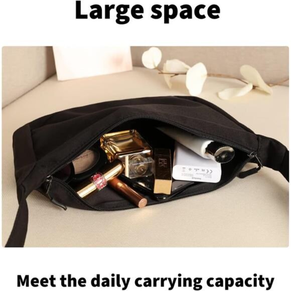 Mini Crescent Bag with Adjustable Strap, 2 Zippers Lightweight Nylon Bag - Blac - Picture 6 of 6